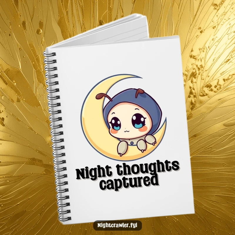 Funny notebook cover with a night crawler character peeking from a crescent moon, inspiring nighttime journaling and cosmic exploration.