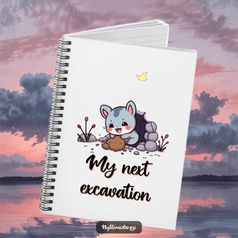 Funny notebook with a small, gleeful night creature digging a tunnel, encouraging creative thought and joyous note-taking.