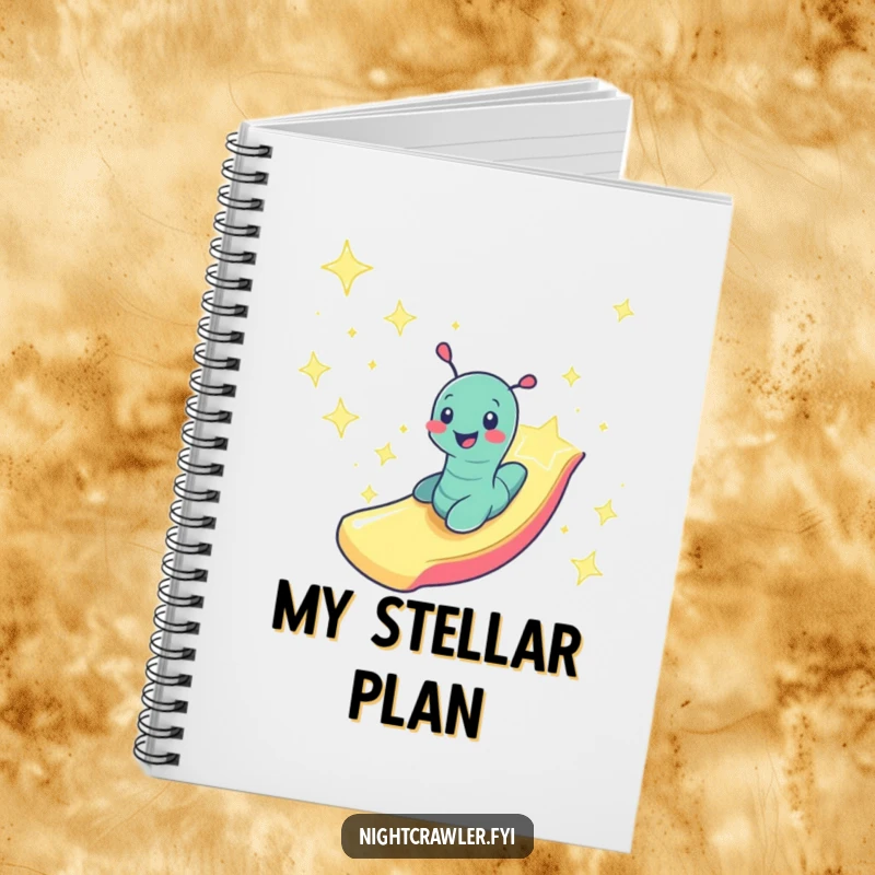 Funny smiling worm character zooming down a slide made of starlight, depicted on a durable notebook.