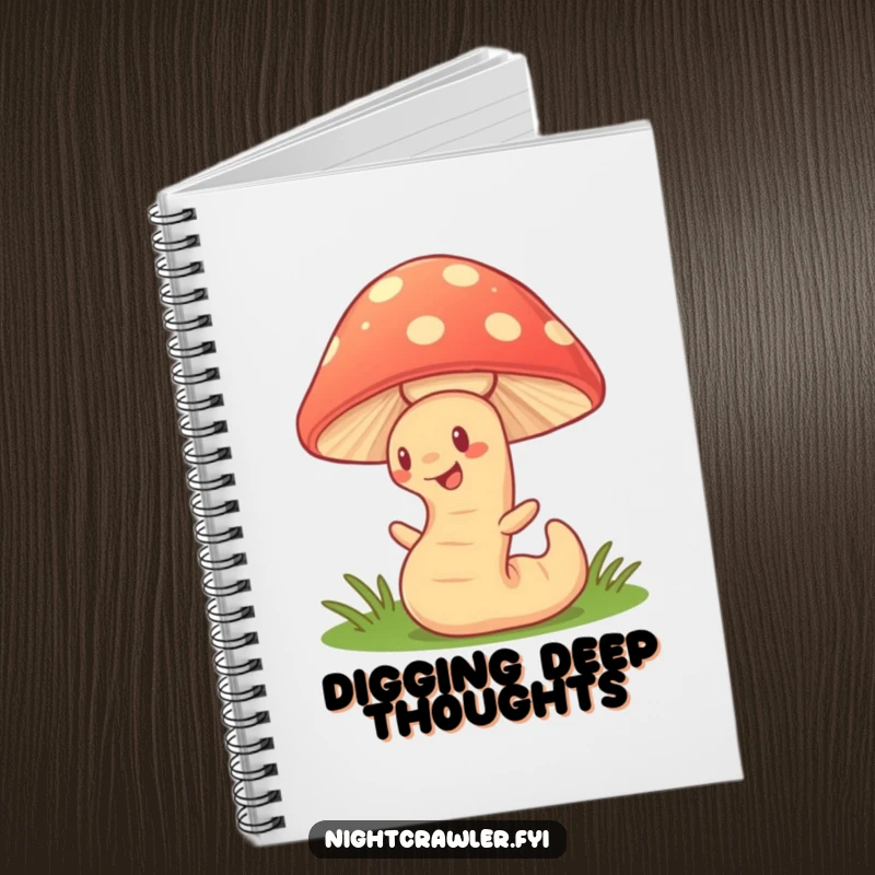 Funny Notebook: Cute earthworm character wiggling under a glowing mushroom, ideal for capturing magical thoughts and creative ideas.
