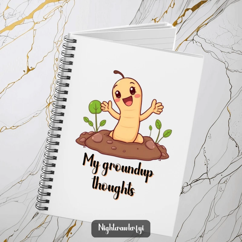 Funny notebook: cute earthworm popping out of the ground and waving. Great for notes and ideas.