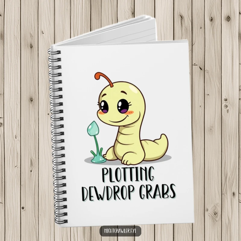 Funny notebook with a wiggly worm character sporting a mischievous grin, reaching for a dewdrop, designed for jotting down clever ideas.