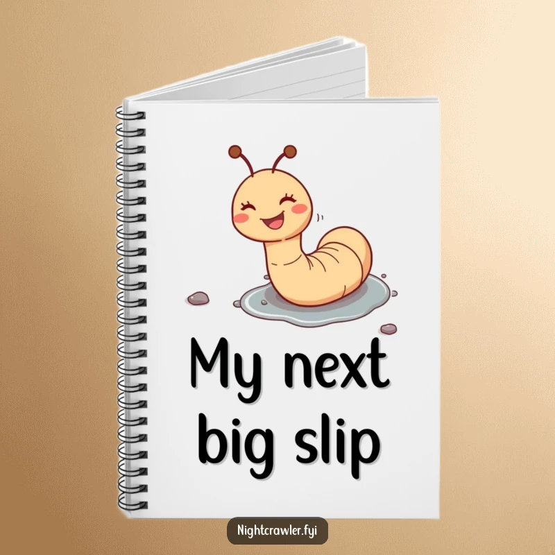 Funny notebook with a happy worm character mid-slide down a pebble, designed for jotting down ideas with a touch of humor.