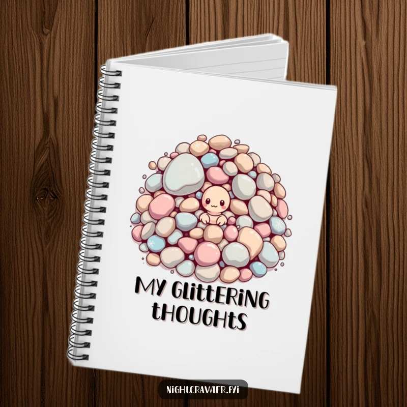Funny notebook: small worm peeking from large sparkling pebbles. Ideal for notes and ideas.