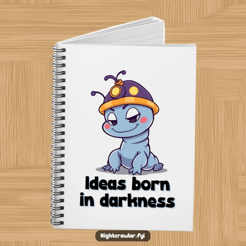 Funny night crawler notebook with a mischievous character and glowing hat, perfect for taking notes or journaling.