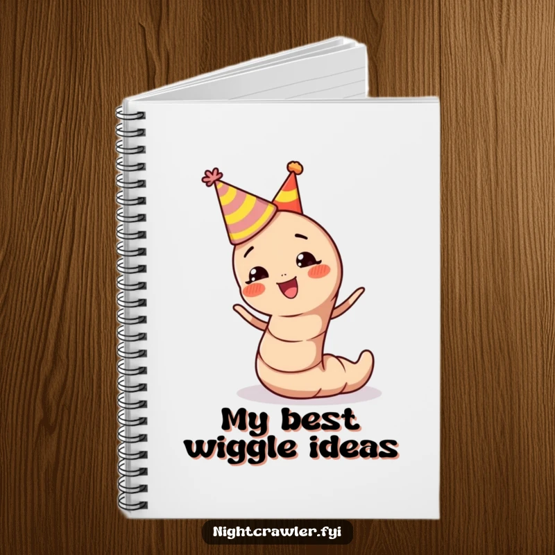 Funny earthworm notebook featuring a cute character with a party hat, wiggling with excitement and ready to capture ideas.
