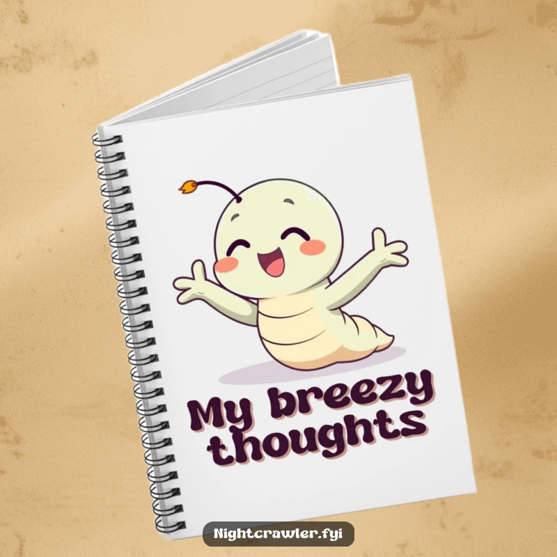 Funny notebook featuring a happy night crawler with arms outstretched, enjoying a gentle breeze, perfect for writing down happy thoughts.