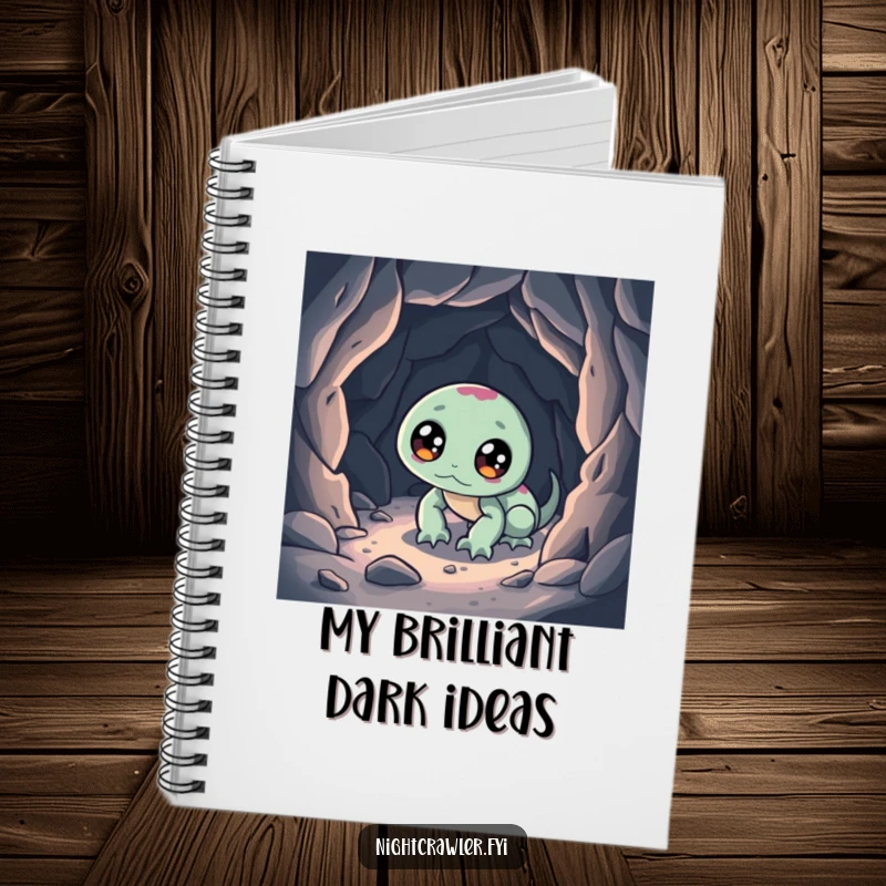 Funny notebook featuring a night crawler character exploring a miniature cave, perfect for jotting down thoughts with a humorous touch.