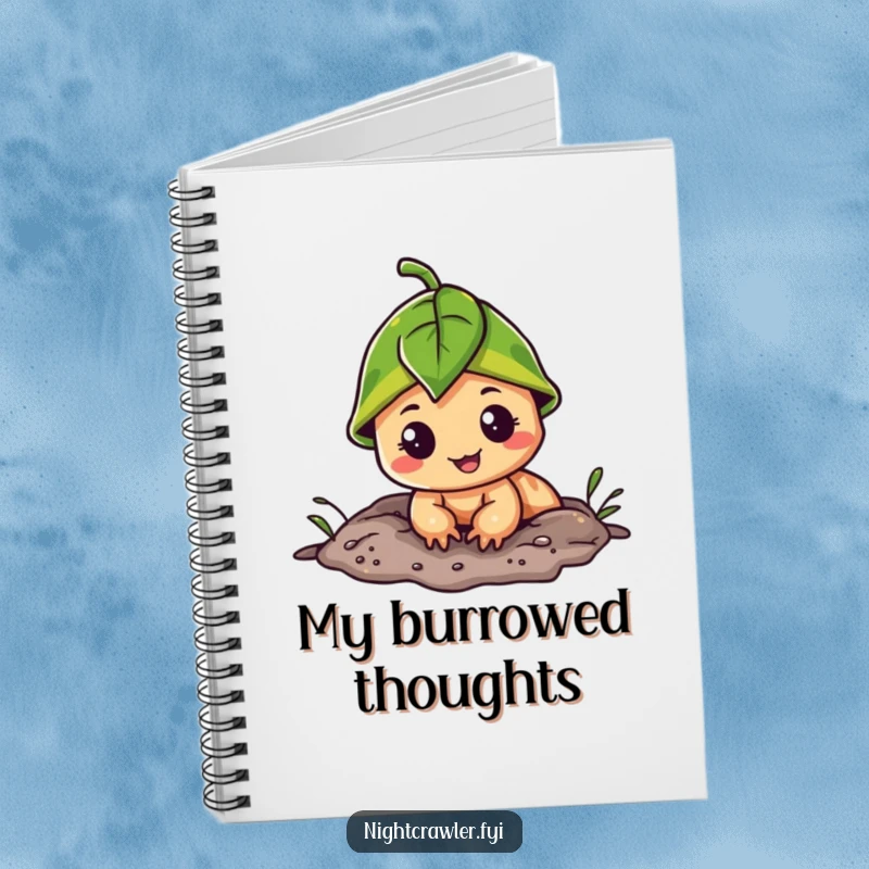 Funny notebook cover with a cheerful night crawler in a leaf cap, peeking from its burrow, ready to capture your thoughts.