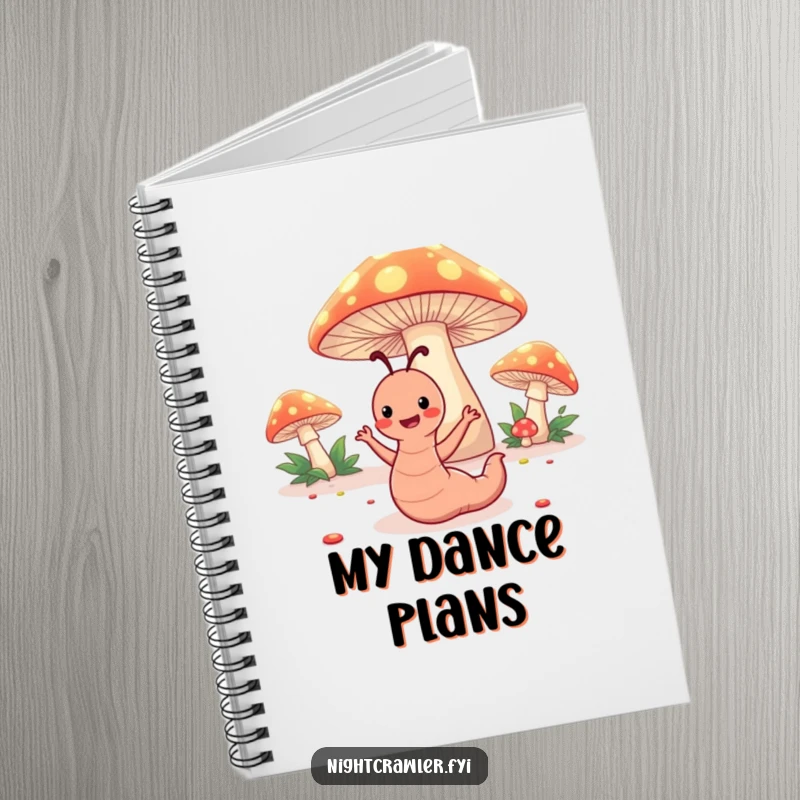 Funny notebook cover with a happy worm character dancing under glowing toadstools, perfect for humorous notes and sketches.