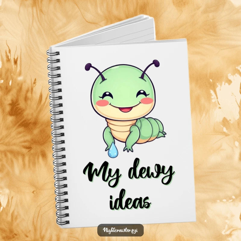 Funny notebook cover with a cute, round night crawler character joyfully sliding down a dewdrop, its cheerful grin infectious and fun.