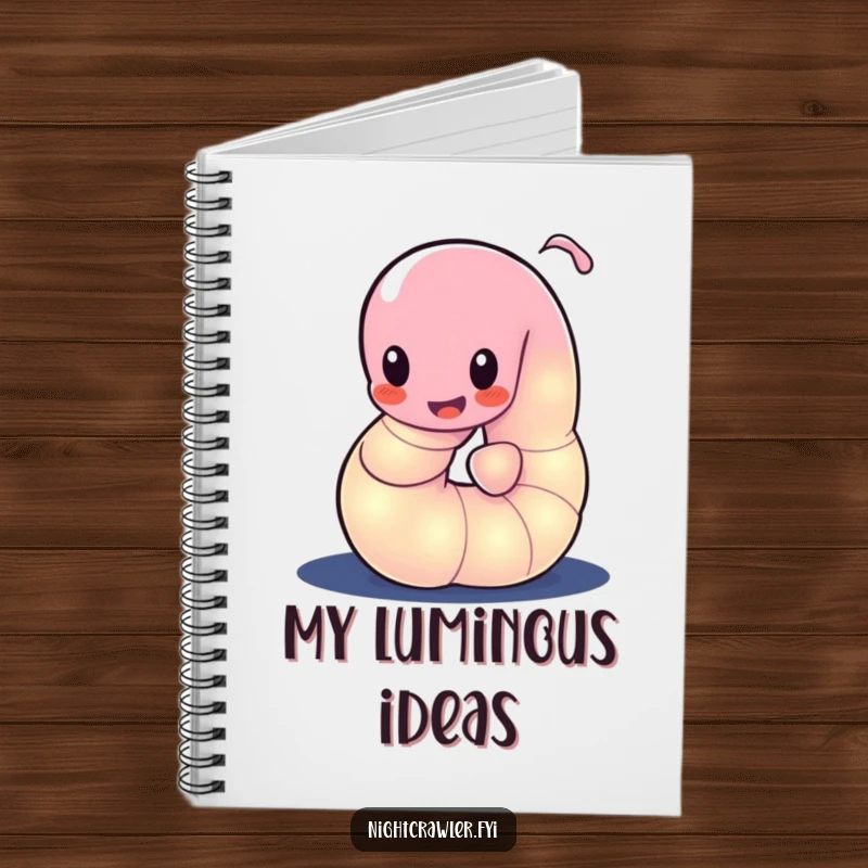 Funny notebook with a glowing worm character playfully wiggling its body in the dark, ideal for jotting ideas.