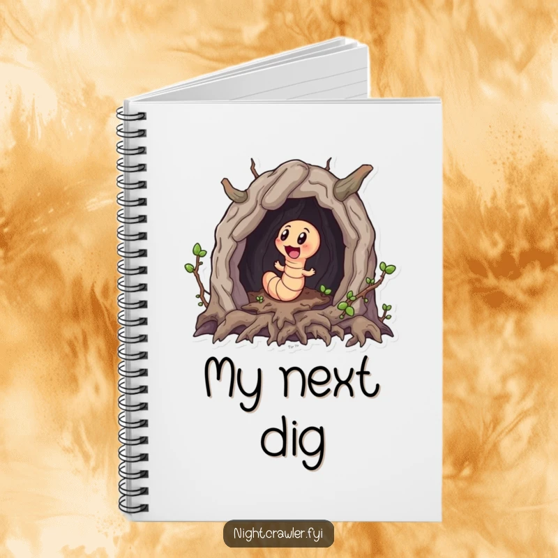 Funny notebook featuring a little worm character excitedly exploring a miniature cave made of roots, perfect for jotting down adventures.