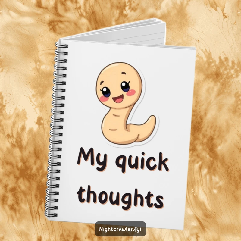 Funny earthworm notebook with a cute, fast earthworm character and a wide, happy smile, ideal for quick notes.
