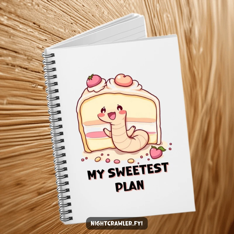 Funny cute earthworm joyfully burrowing through a large piece of cake, depicted on a durable notebook.