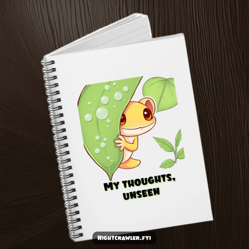 Funny Gecko Notebook with a shy gecko character peeking from behind a dew-covered leaf, perfect for jotting down notes with humorous flair.