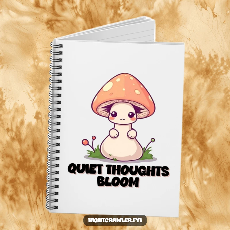 Funny worm notebook featuring a shy worm peeking from a tiny, glowing mushroom cap, for notes and ideas.