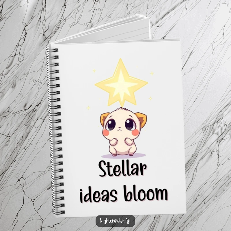 Funny Notebook: A small creature with wide, curious eyes observes a colossal, twinkling star, ideal for jotting down cosmic thoughts.