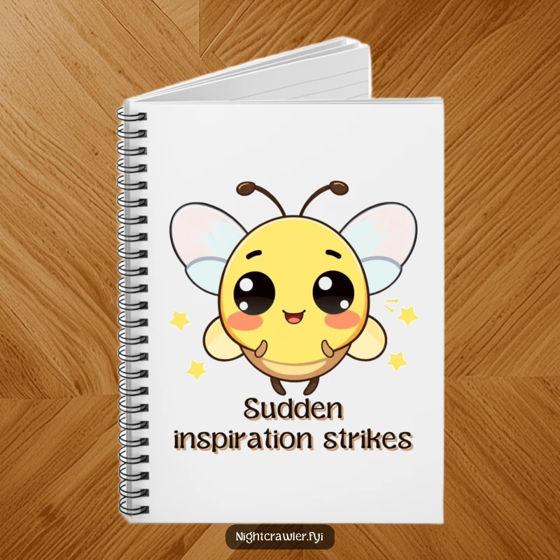 Funny notebook cover showing a playful firefly character blinking its light in a surprise pattern, ready for bright ideas.