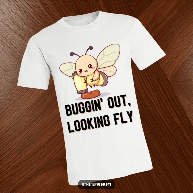Funny Kawaii Moth T-Shirt: Cute moth character in mid-flight, fluttering playfully around a luminous glowing lantern, a whimsical and funny design.