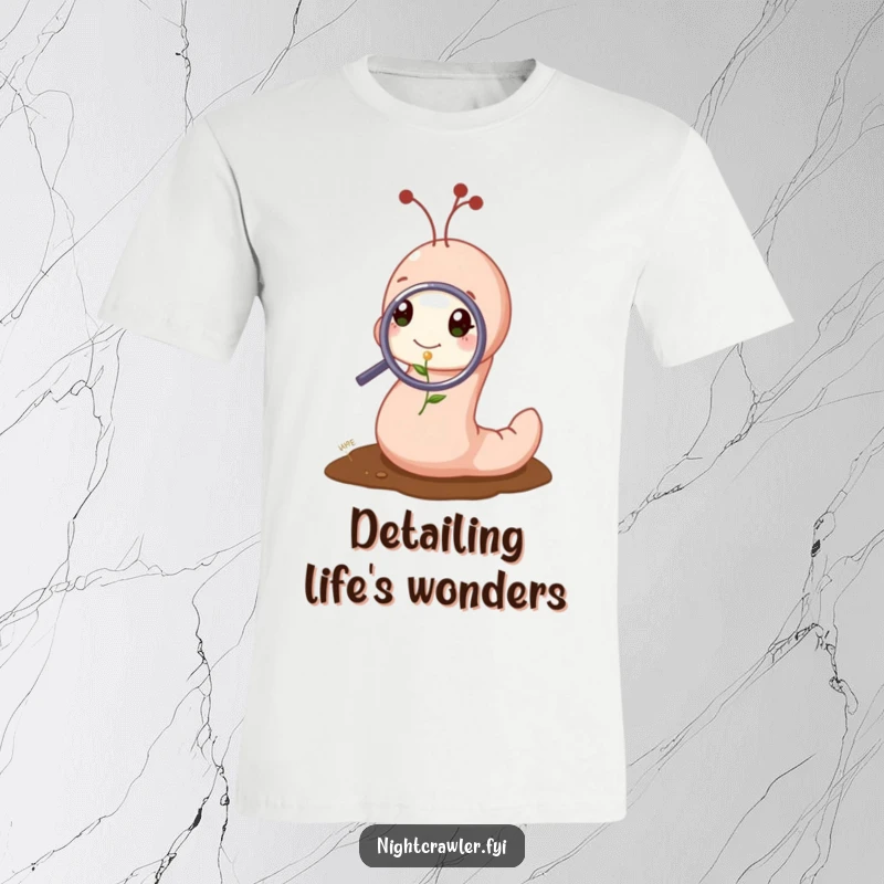 Funny t-shirt showing a cute worm character examining a tiny sprout with a magnifying glass, perfect for curious observers.