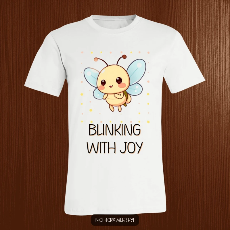 Funny T-Shirt: A playful firefly character blinking its light in a lively, cheerful pattern, radiating joy and fun.
