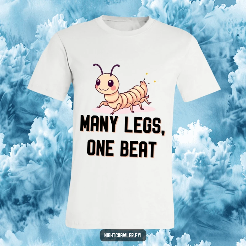 Funny Centipede T-Shirt: A lively centipede performs a synchronized wiggle with tiny glowing spots, a humorous and fun gift.