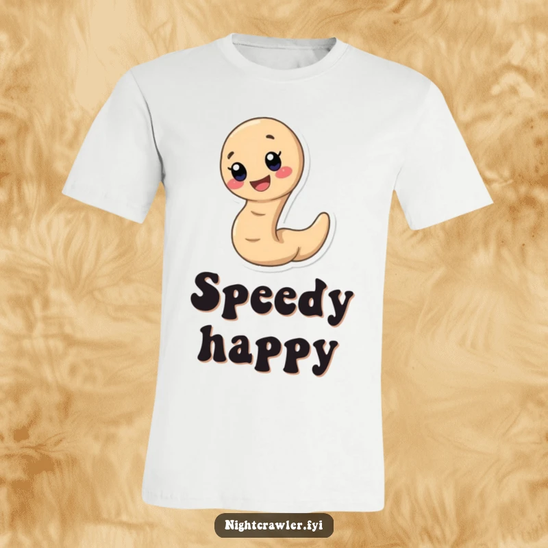 Funny earthworm t-shirt featuring a cute, speedy earthworm character with a huge, beaming smile, embodying cheerful movement.