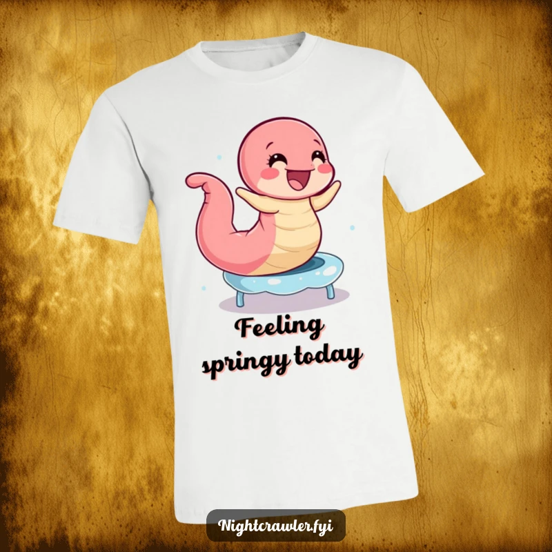 Funny Earthworm Trampoline T-Shirt: Cheerful worm bouncing high on a dewdrops trampoline, a funny and active gift.
