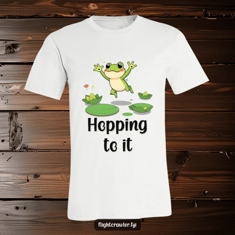 Funny Frog T-Shirt showcasing a cute frog character energetically leaping between lily pads in the dark, a humorous and adventurous design.
