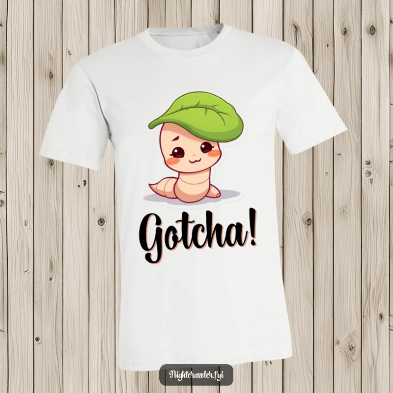 Funny t-shirt featuring a worm character with a mischievous smirk, peeking out from under a leaf, hinting at playful mischief.