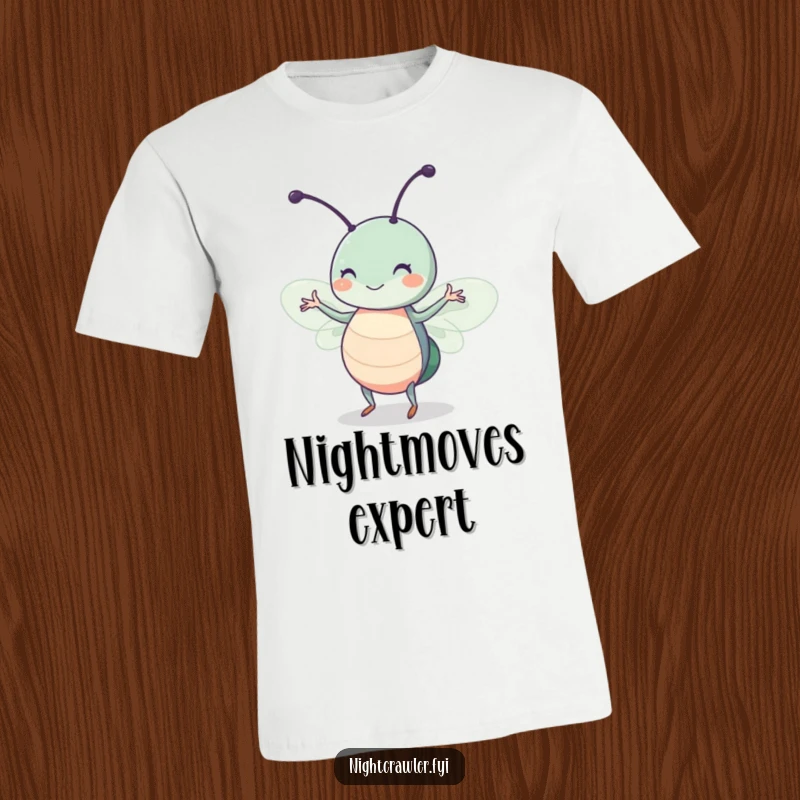 Funny t-shirt featuring a cute insect character with a happy twitch, dancing joyfully in a bright beam of moonlight, a whimsical design.