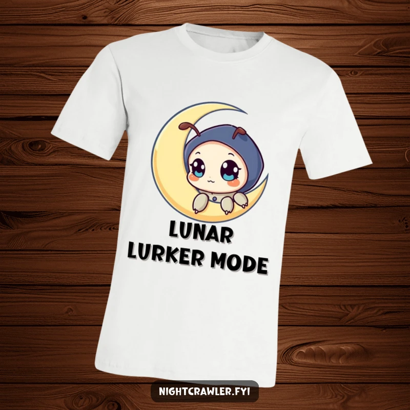 Funny t-shirt depicting a curious night crawler character peeking from a crescent moon, embodying nighttime magic and big-eyed wonder.