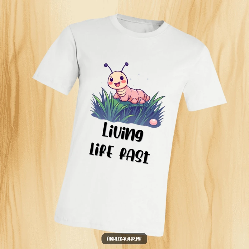 Funny t-shirt print of a joyful night crawler character enthusiastically sliding down a glistening blade of dewy grass.