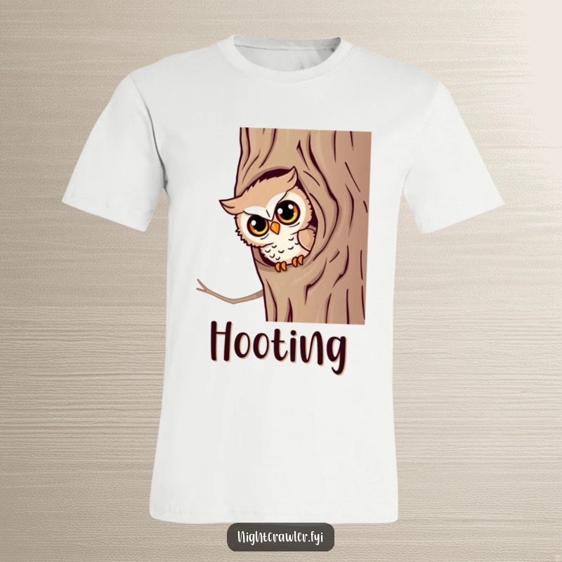 Funny Owl Watch T-Shirt: A little owl character peeks out from a tree hollow with bright, watchful eyes, a humorous design.