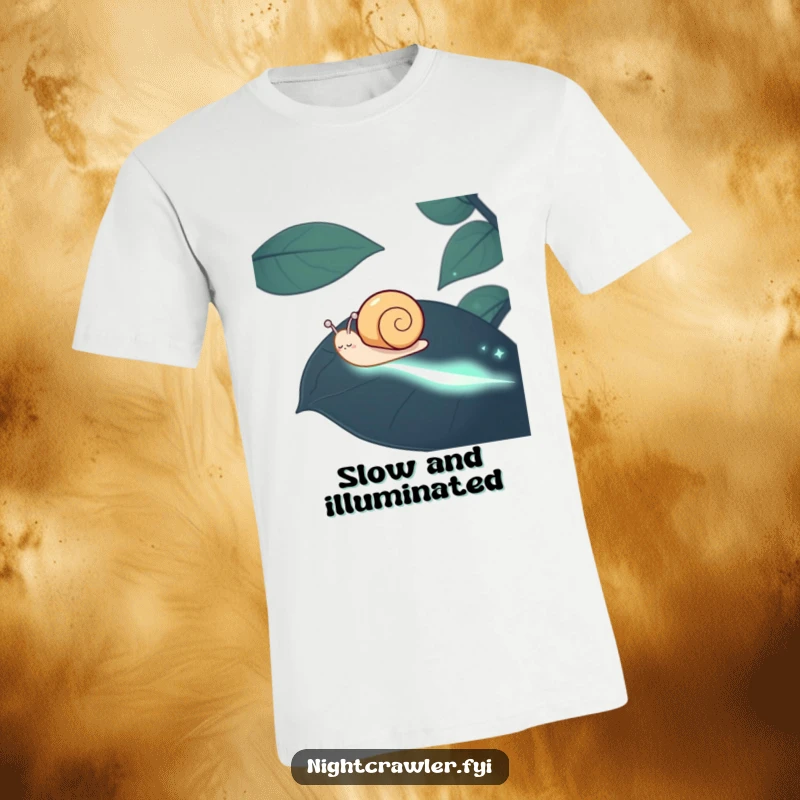 Funny Snail T-Shirt: A cheerful snail leaves a luminous phosphorescent trail on a dark leaf, a humorous and unique funny gift.