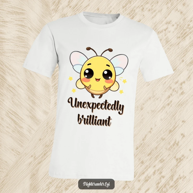 Funny t-shirt print of a playful firefly character whose light is blinking in a distinct pattern, showing surprise.