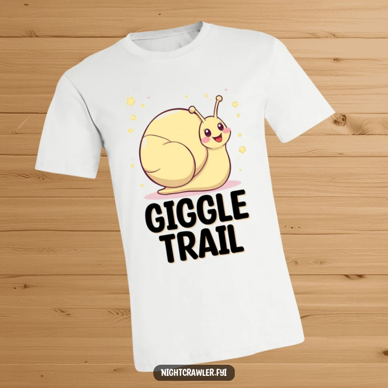 Funny kawaii snail t-shirt depicting a cute snail character leaving a shimmering trail of giggles, spreading pure happiness.