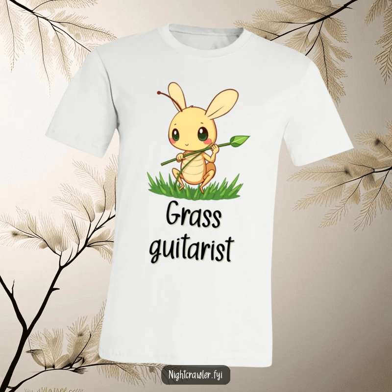 Funny Cricket Jam Session T-Shirt: A cute cricket character happily strums a blade of grass, a charming musical scene.