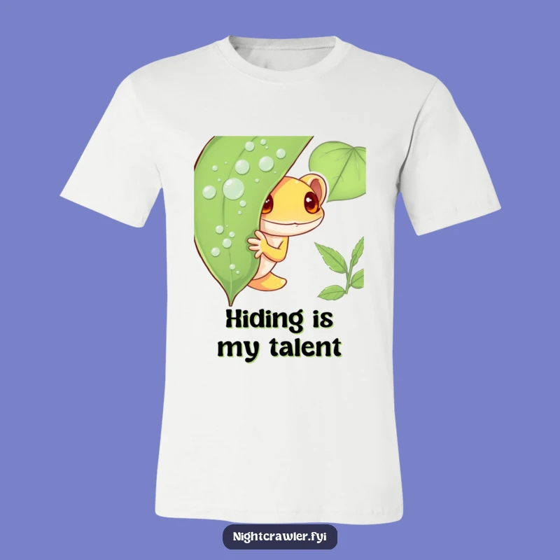 Funny Shy Gecko T-Shirt: Cute Peeking Character, Dewy Leaf Design, Perfect Funny Gift