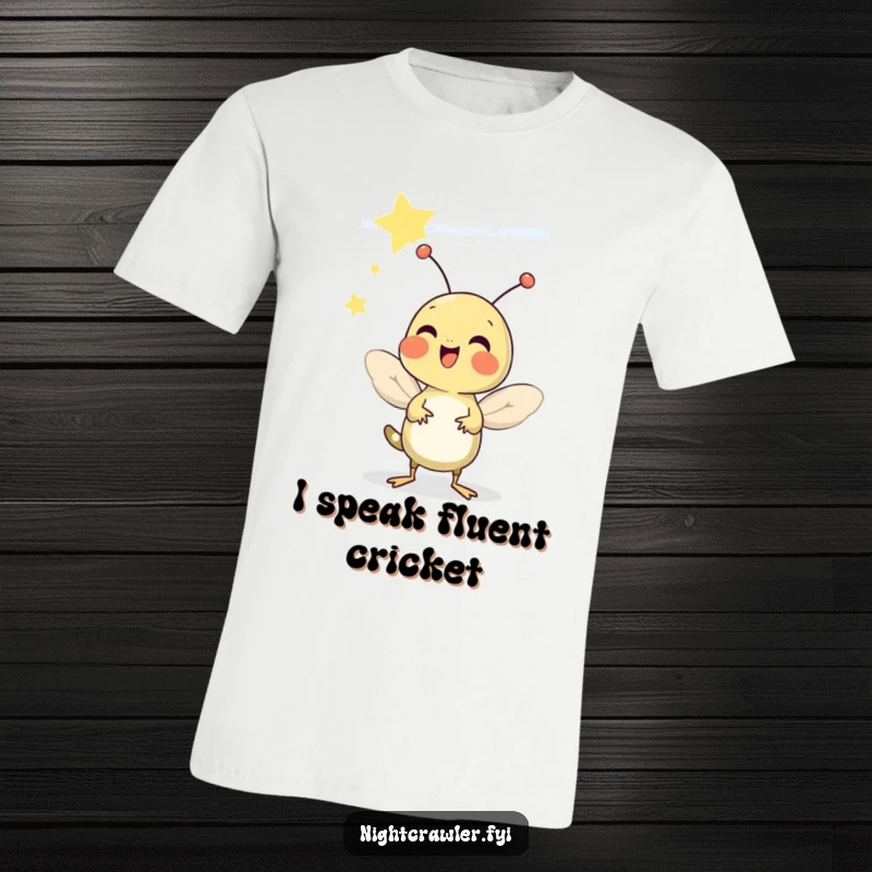 Funny t-shirt graphic of a cheerful cricket happily chirping under a vast, starry night sky, capturing summer joy.