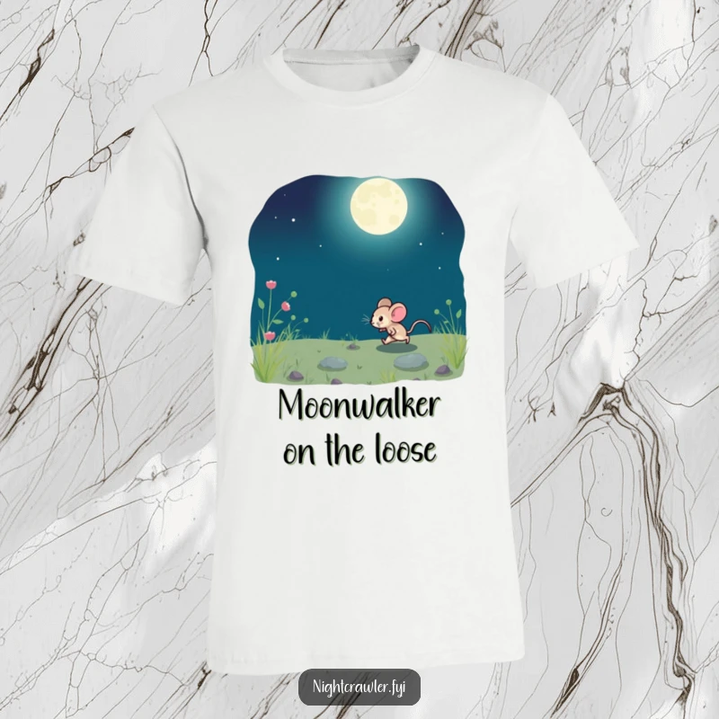 Funny t-shirt graphic of a small mouse playfully scurrying across ground illuminated by the moon, capturing nighttime energy.