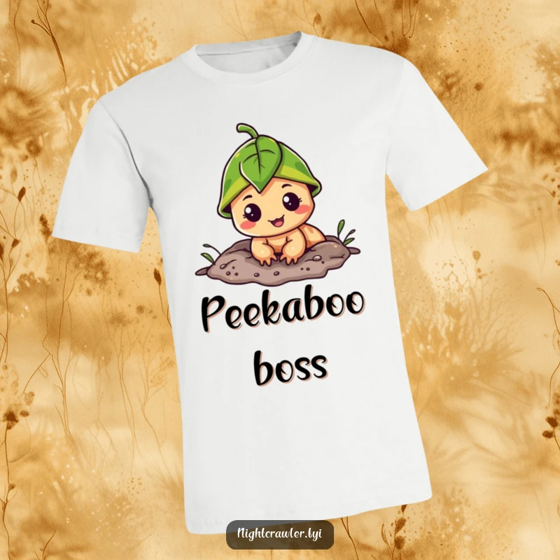 Funny t-shirt depicting a cheerful night crawler with a leaf cap peeking from its burrow, giving a friendly and curious glance.