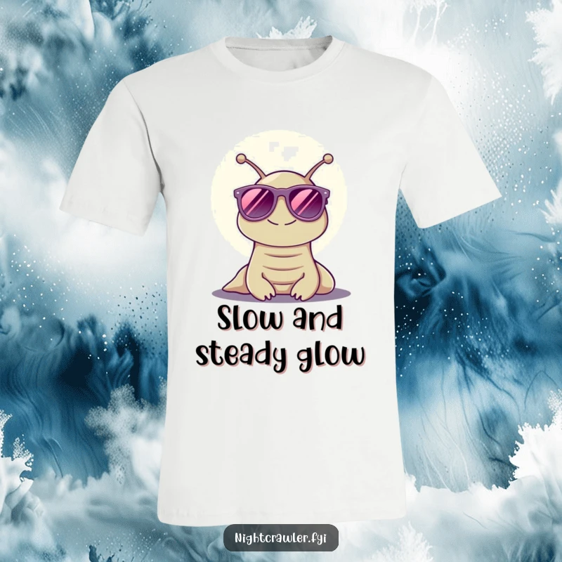 Funny t-shirt showcasing a beaming slug sporting large sunglasses, enjoying moonlit serenity, an awesome funny gift for relaxers.
