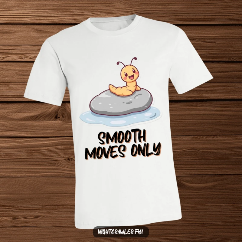 Funny T-shirt depicting a tiny worm character joyfully sliding down a smooth, wet pebble, symbolizing fun and freedom.
