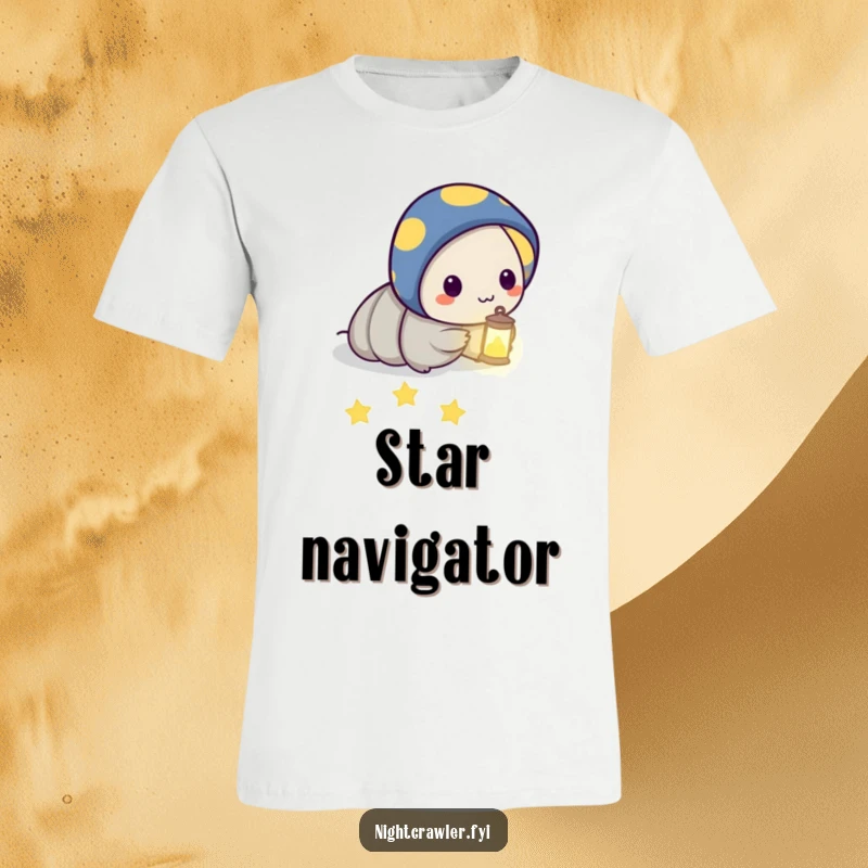 Funny t-shirt depicting a night crawler character with a small lantern, leading a path of glowing stars, symbolizing guidance and wonder.