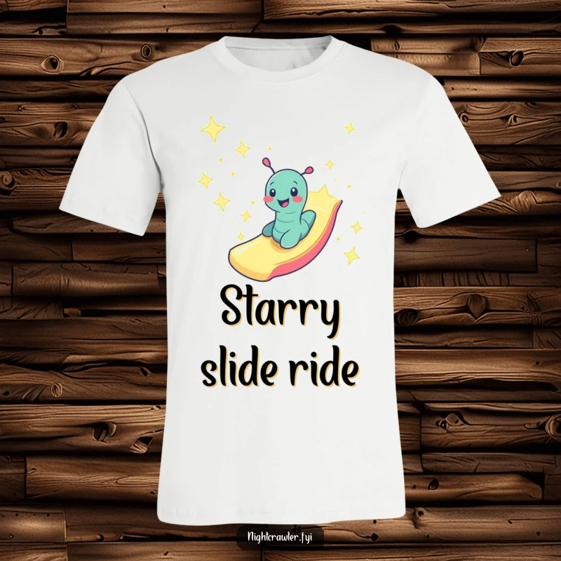A funny smiling worm character speeding down a slide made of twinkling starlight, illustrated on this t-shirt.