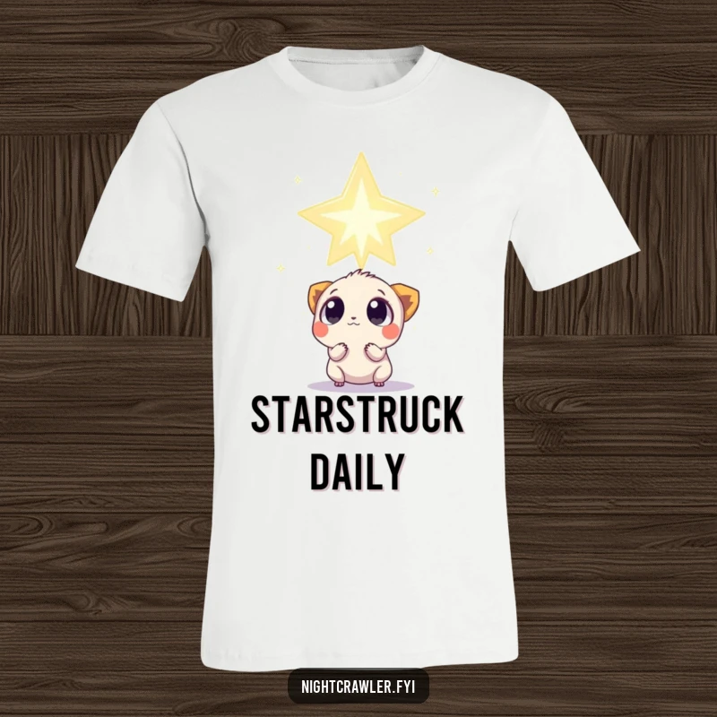 Funny T-Shirt: A small creature with wide, curious eyes looks up at a colossal, twinkling star, capturing cosmic wonder.