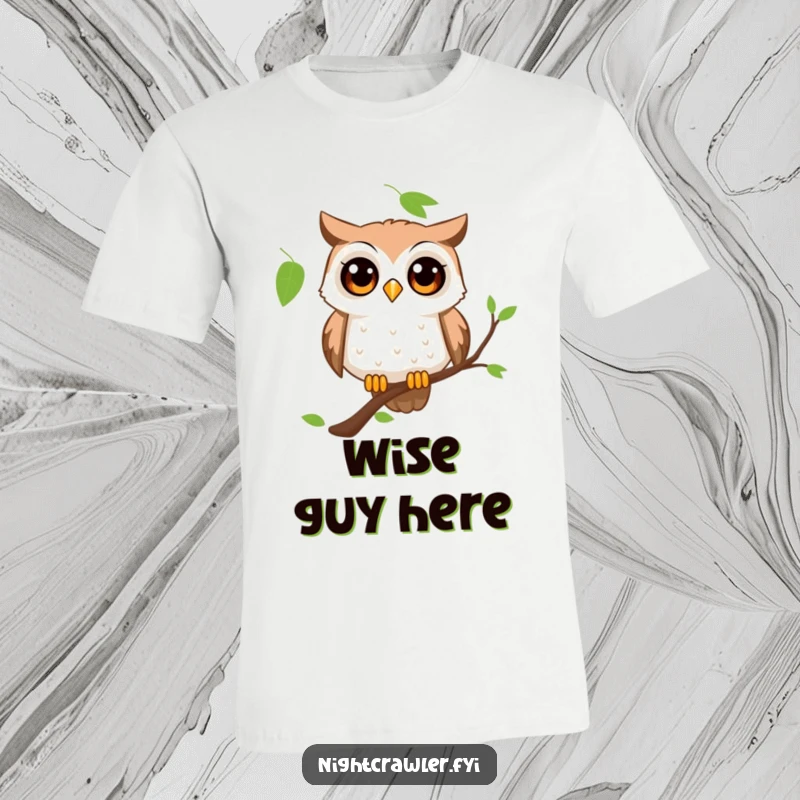 Funny owl t-shirt depicting a curious character with wide, wondering eyes perched on a branch, expressing amazement.
