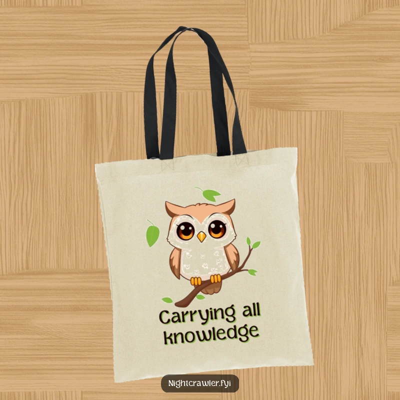 Funny owl tote bag showcasing a curious character with wide, amazed eyes perched on a branch, ready for adventure.